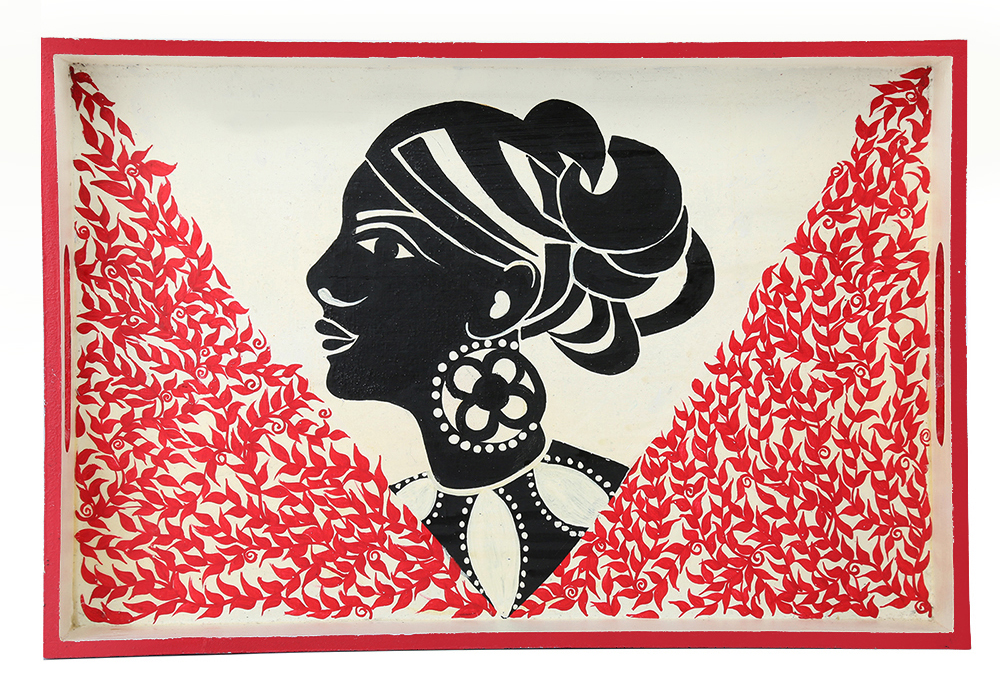 Buy in Bulk Wholesale Serving Tray in MDF in White, Red & Black Hand-Painted ‘Indian Beauty’ - Kitchen Accessories