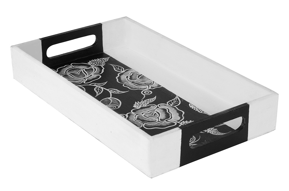 Buy in Bulk Wholesale Serving Tray in MDF Hand-Painted White & Black Florets - Kitchen Accessories