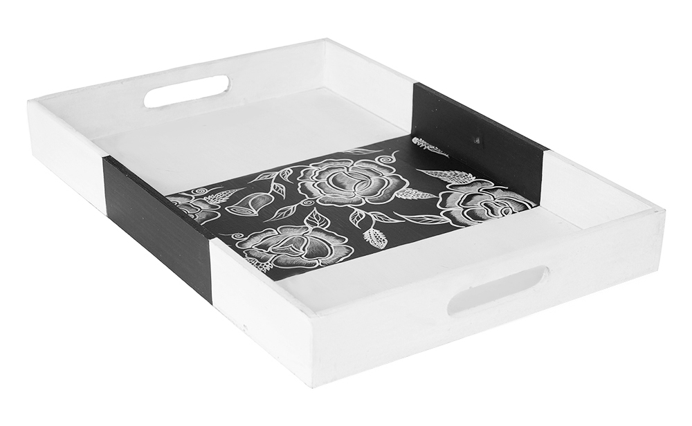 Bulk Buy MDF Serving Tray 15.5 Inch with Handles Hand painted in Black & White Bulk Suppliers - MDF Decorative Coffee, Tea Table Essential Tray Kitchen/Home/Patio/Ottoman Decorative Table Accessories