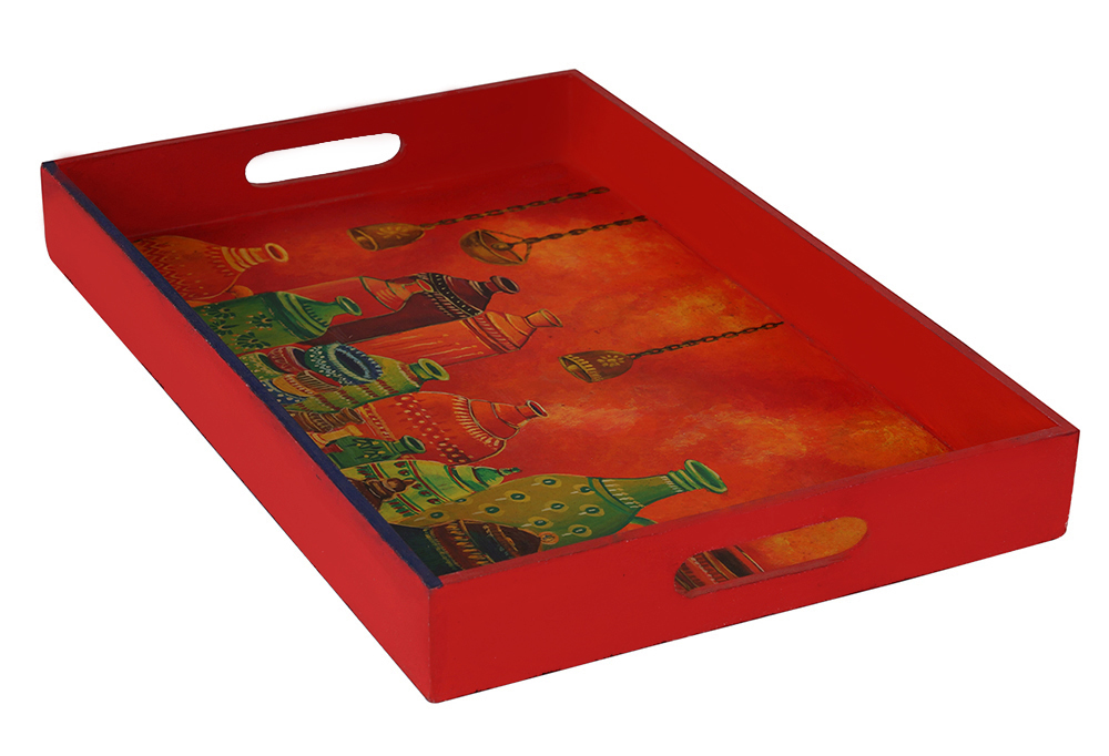 Buy in Bulk Wholesale Serving Tray in MDF - Hand-Painted Butolic Pots Grand Red with More Colors - Kitchen Accessories