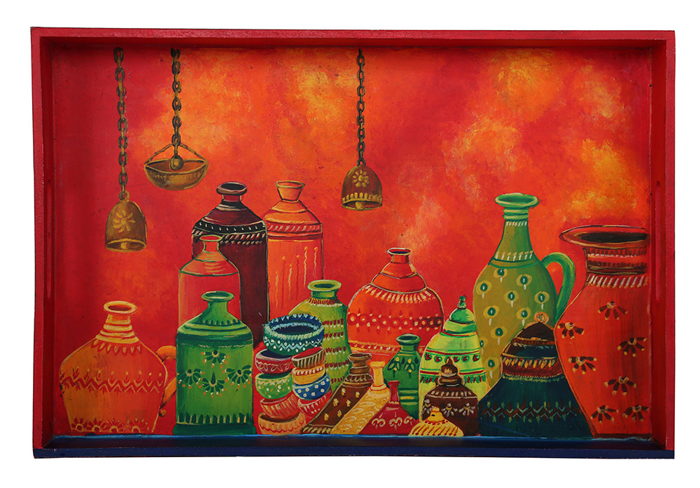 Buy in Bulk Wholesale Serving Tray in MDF - Hand-Painted Butolic Pots Grand Red with More Colors - Kitchen Accessories