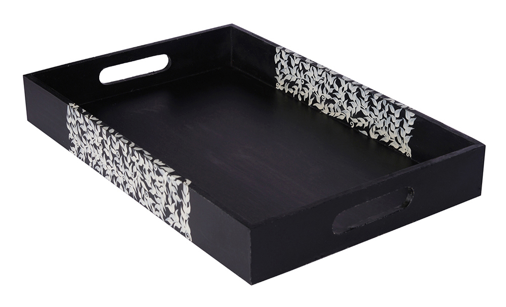 Buy in Bulk Wholesale Serving Tray in MDF Hand-Painted Ferns - Black & White - Kitchen Accessories