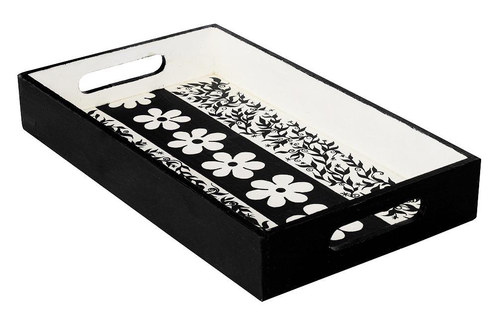 Buy in Bulk Wholesale Serving Tray in MDF Hand-Painted Blossoming - Black & White - Kitchen Accessories