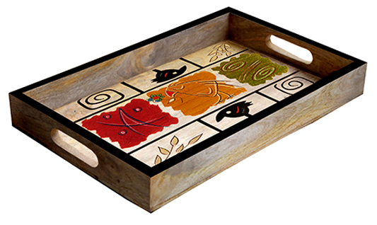 Buy in Bulk Wholesale Serving Tray Large - Hand-Painted Multicolored Abstract Flower Art - Decorative Coffee, Tea Table Essential Tray Kitchen/Home/Patio/Ottoman Decorative Table Accessories from India