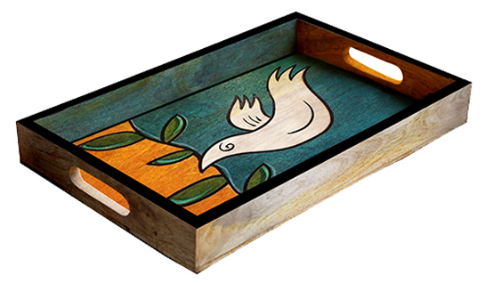 Buy in Bulk Wholesale Serving Tray - Large Dove Hand-Painted Multicolored Bird Art - Decorative Coffee, Tea Table Essential Tray Kitchen/Home/Patio/Ottoman Decorative Table Accessories from India