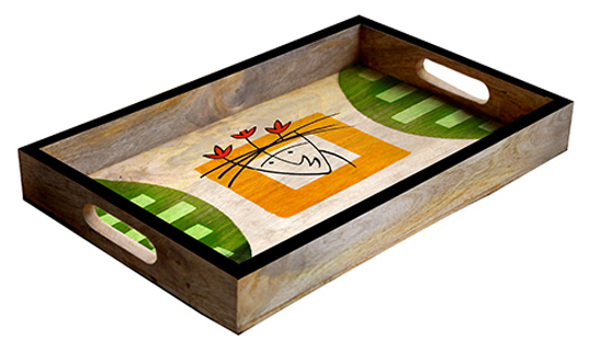 Buy in Bulk Wholesale Large Serving Tray - Hand-Painted Multicolored Modern Art with Human Face - Decorative Coffee, Tea Table Essential Tray Kitchen/Home/Patio/Ottoman Decorative Table Accessories from India