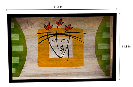 Buy in Bulk Wholesale Large Serving Tray - Hand-Painted Multicolored Modern Art with Human Face - Decorative Coffee, Tea Table Essential Tray Kitchen/Home/Patio/Ottoman Decorative Table Accessories from India