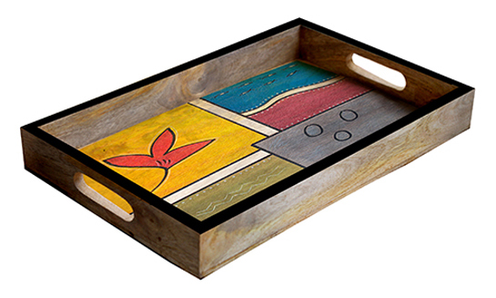 Buy in Bulk Wholesale Large Serving Tray - Hand-Painted Multicolored Abstract Art with Flower - Decorative Coffee, Tea Table Essential Tray Kitchen/Home/Patio/Ottoman Decorative Table Accessories from India