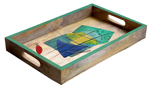 Buy in Bulk Wholesale Large Serving Tray - Marine Hand-Painted in Aqua Colors - Wood - Kitchen Accessories from India
