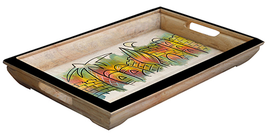 Buy in Bulk Wholesale Serving Tray - Nature Inspired Hand-Painted Tray in Wood with Handles- Large 17.5 x 12 inch Decorative Serving Tray