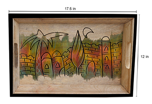Buy in Bulk Wholesale Serving Tray - Nature Inspired Hand-Painted Tray in Wood with Handles- Large 17.5 x 12 inch Decorative Serving Tray