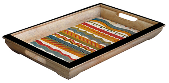 Buy in Bulk Wholesale Serving Tray - Multi-Patterned Hand-Painted Wooden Tray with Handles- Large 17.5 x 12 inch Decorative Serving Tray