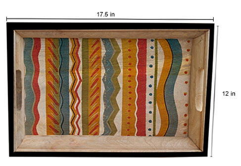 Buy in Bulk Wholesale Serving Tray - Multi-Patterned Hand-Painted Wooden Tray with Handles- Large 17.5 x 12 inch Decorative Serving Tray