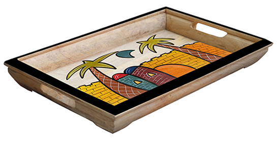 Decorative Wooden Serving Tray with Handles - Nature Inspired Hand-Painted in Wood - Large - Buy in Bulk Wholesale