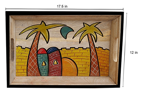Decorative Wooden Serving Tray with Handles - Nature Inspired Hand-Painted in Wood - Large - Buy in Bulk Wholesale