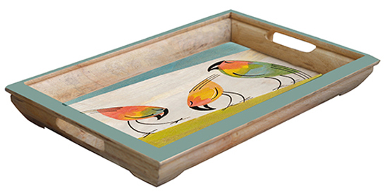 Buy in Bulk Wholesale Serving Tray in Wood - 3 Sparrows Hand-Painted in Bright Motifs - Multicolored and Large - Kitchen Accessories