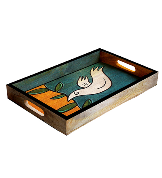 Buy in Bulk Wholesale - Serving Tray in Wood - White Bird Hand-Painted in Bright Colors - Multicolored and Large - Kitchen Accessories