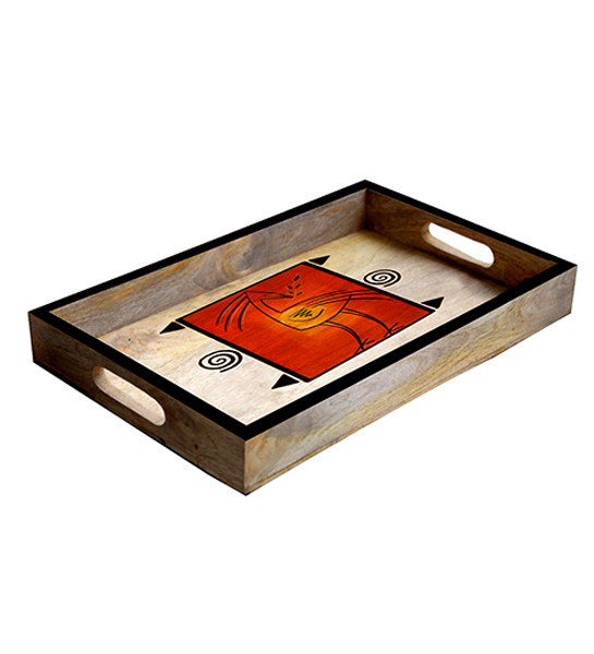Buy in Bulk Wholesale Wooden 16.3" Serving Tray - Hand-Painted Abstract Bird Art - Handmade Wood Decorative Tray - Kitchen Accessories