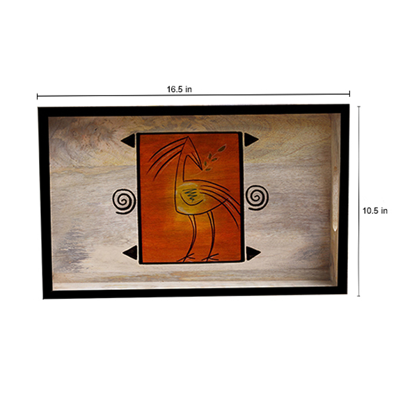 Buy in Bulk Wholesale Wooden 16.3" Serving Tray - Hand-Painted Abstract Bird Art - Handmade Wood Decorative Tray - Kitchen Accessories