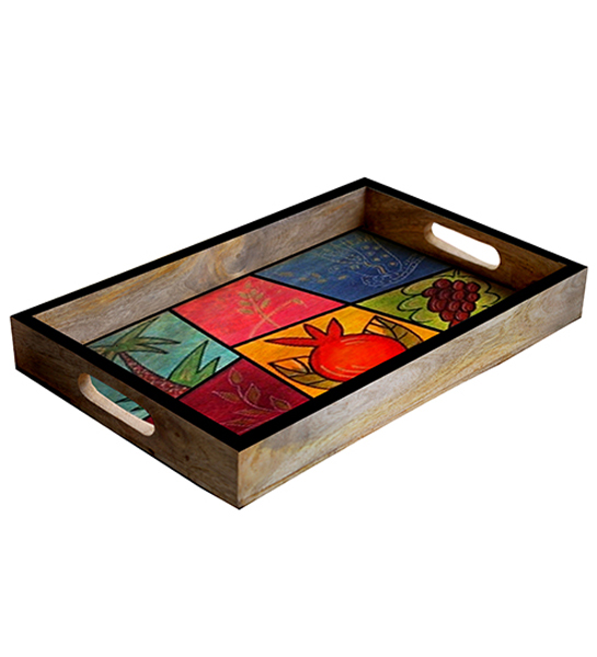 Buy in Bulk Wholesale Medium Serving Tray - Hand-Painted Multicolored Fruit Art - Decorative Coffee, Tea Table Essential Tray Kitchen/Home/Patio/Ottoman Decorative Table Accessories from India