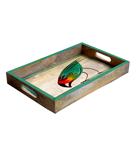 Buy in Bulk Wholesale - Medium Serving Tray - Hand-Painted Multicolored Bird Art - Decorative Coffee, Tea Table Essential Tray Kitchen/Home/Patio/Ottoman Decorative Table Accessories from India