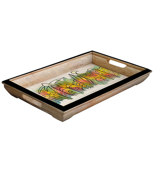 Buy in Bulk Wholesale Medium Serving Tray - Hand-Painted Palms & Castle in Bright Colors - Wood - Kitchen Accessories from India