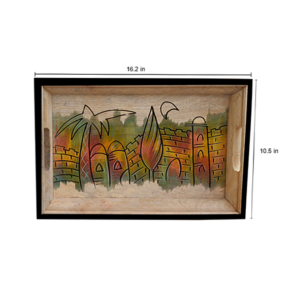 Buy in Bulk Wholesale Medium Serving Tray - Hand-Painted Palms & Castle in Bright Colors - Wood - Kitchen Accessories from India