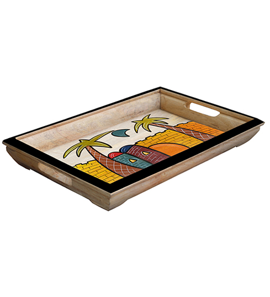 Buy in Bulk Wholesale Medium Serving Tray - Hand-Painted Palm & Castle in Bright Colors - Wood - Kitchen Accessories from India
