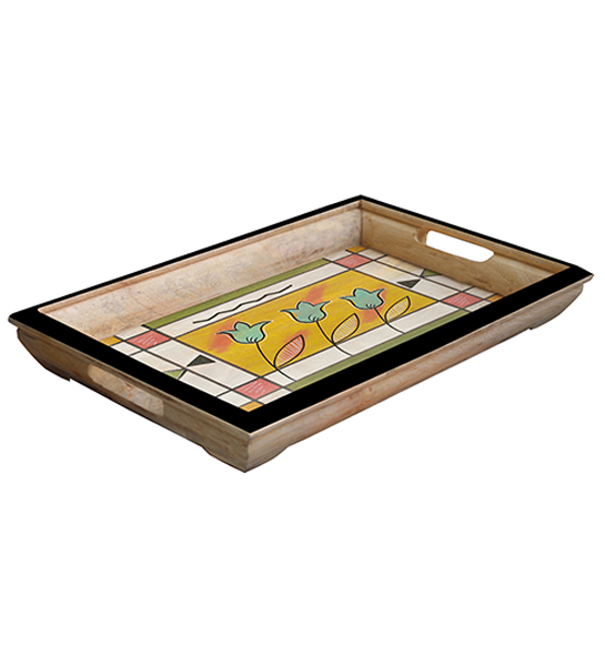 Buy in Bulk Wholesale Medium Serving Tray - Autumn Hand-Painted Abstract Art in Bright Colors - Wood - Kitchen Accessories from India