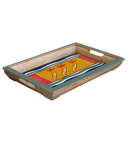 Buy in Bulk Wholesale - Medium Serving Tray - Blossoming Shades of Nature Hand-Painted in Bright Colors - Wood - Kitchen Accessories from India