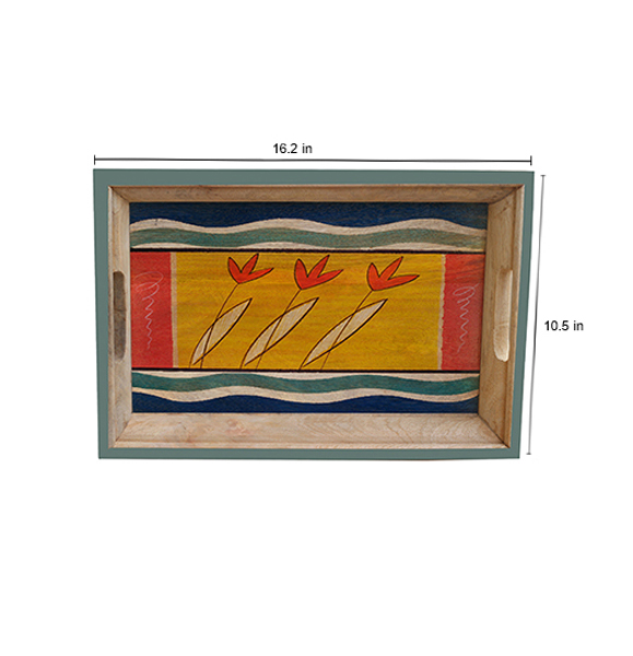 Buy in Bulk Wholesale - Medium Serving Tray - Blossoming Shades of Nature Hand-Painted in Bright Colors - Wood - Kitchen Accessories from India