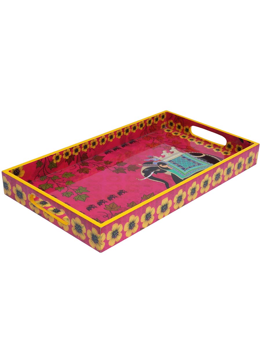 14 Inch Hand-Painted Elephant Serving Tray in Bulk at Wholesale – MDF – Pink/Yellow/Multicolored – Home & Kitchen Essentials
