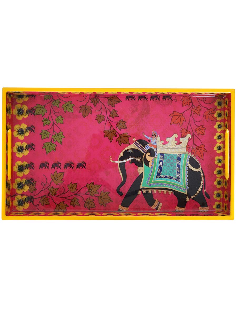 14 Inch Hand-Painted Elephant Serving Tray in Bulk at Wholesale – MDF – Pink/Yellow/Multicolored – Home & Kitchen Essentials