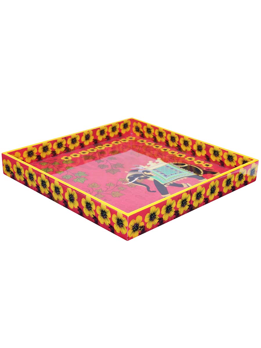 12 Inch Hand-Painted Elephant Serving Tray in Bulk at Wholesale – MDF – Square - Pink/Yellow/Multicolored – Home & Kitchen Essentials
