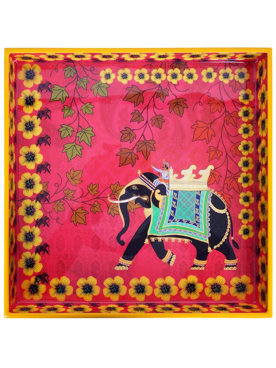12 Inch Hand-Painted Elephant Serving Tray in Bulk at Wholesale – MDF – Square - Pink/Yellow/Multicolored – Home & Kitchen Essentials