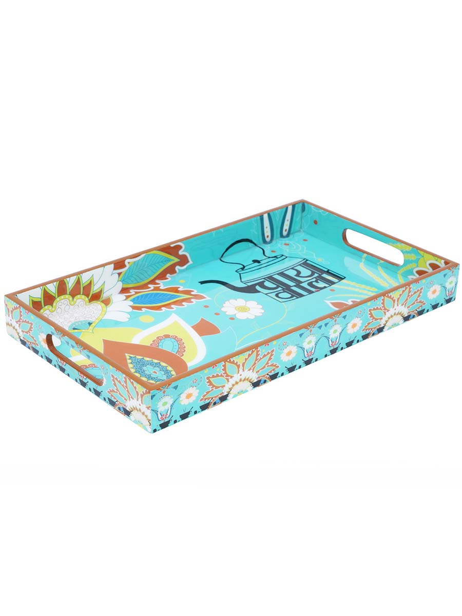 14 Inch Hand-Painted Chai-Wala Floral Serving Tray in Bulk at Wholesale – MDF – Rectangular - Turquoise/Multicolored – Home & Kitchen Essentials