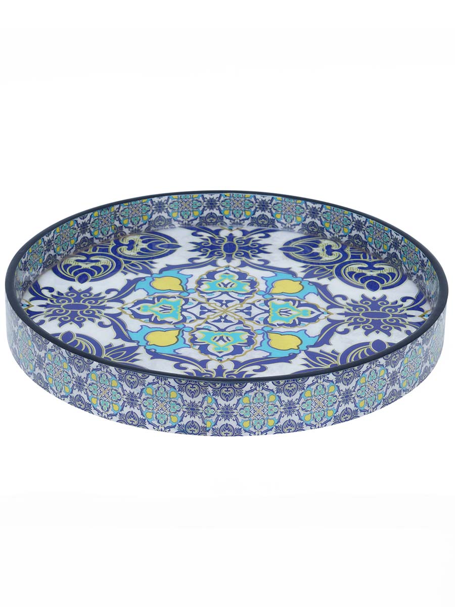 14 Inch Hand-Painted Persian Elegance Floral Serving Tray in Bulk at Wholesale – MDF – Round - Blue/Multicolored – Home & Kitchen Essentials