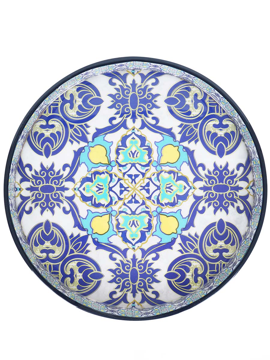 14 Inch Hand-Painted Persian Elegance Floral Serving Tray in Bulk at Wholesale – MDF – Round - Blue/Multicolored – Home & Kitchen Essentials