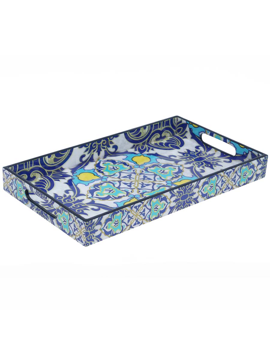 14 Inch Hand-Painted Persian Elegance Floral Serving Tray in Bulk at Wholesale – MDF – Rectangular - Blue/Multicolored – Home & Kitchen Essentials