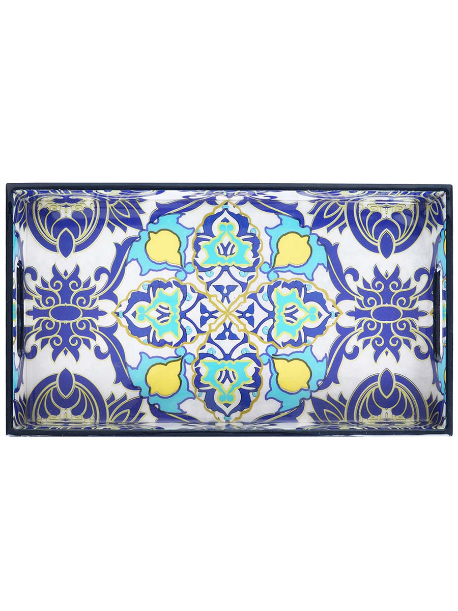 14 Inch Hand-Painted Persian Elegance Floral Serving Tray in Bulk at Wholesale – MDF – Rectangular - Blue/Multicolored – Home & Kitchen Essentials