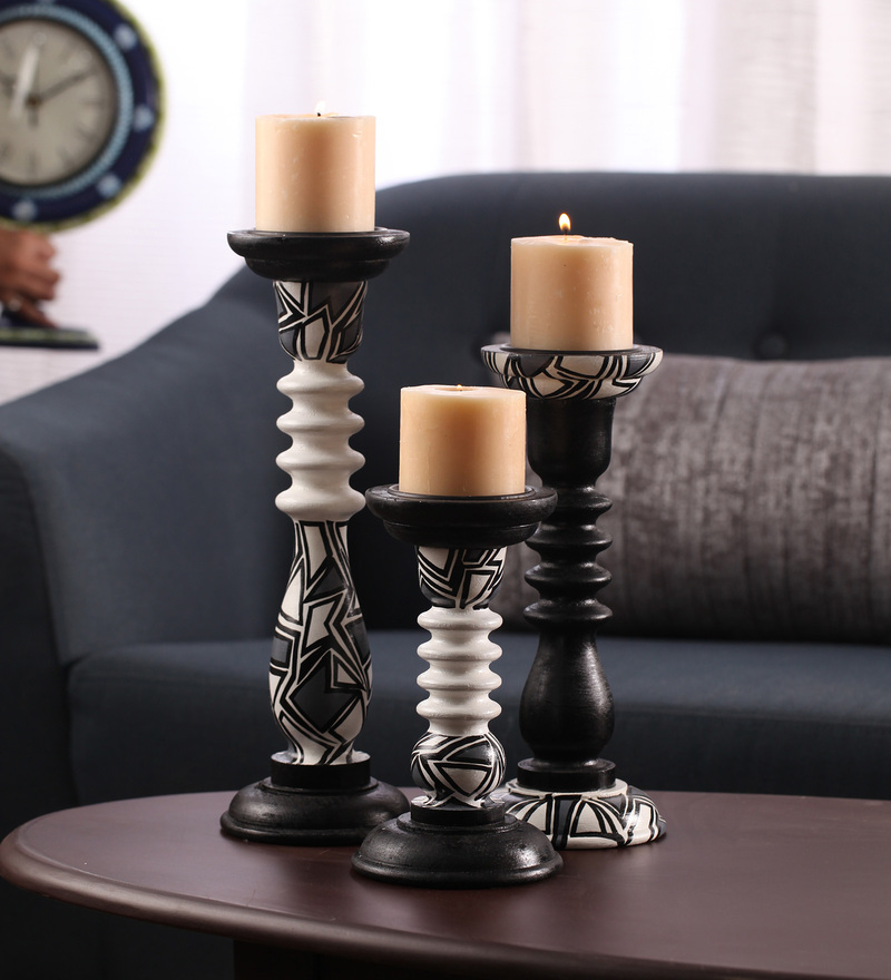 Buy in Bulk Wholesale Pillar Candle Holder Stand Hand-painted in Classic Monochrome Design