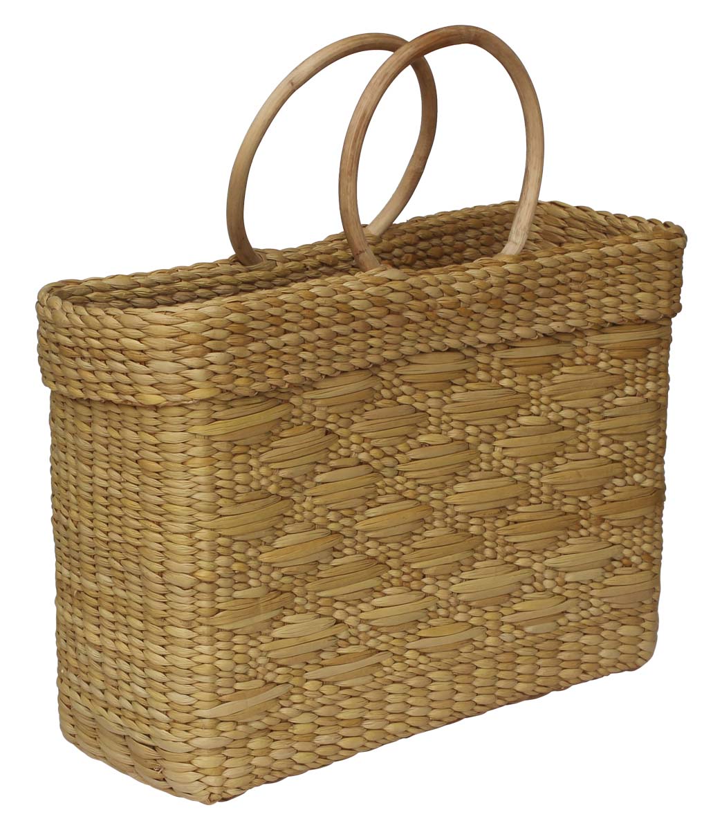 Source 16” Water-Reed Bag in Bulk - Wholesale Hand-Woven Reusable Carry Bags/Shopping Bag with Braided Handles & Geometric Pattern - Eco-Friendly Handbags from India