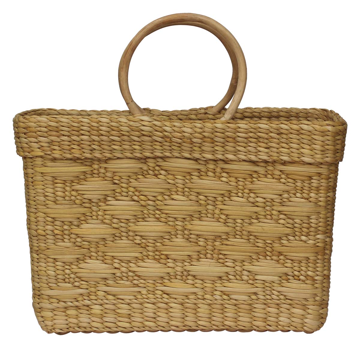 Source 16” Water-Reed Bag in Bulk - Wholesale Hand-Woven Reusable Carry Bags/Shopping Bag with Braided Handles & Geometric Pattern - Eco-Friendly Handbags from India