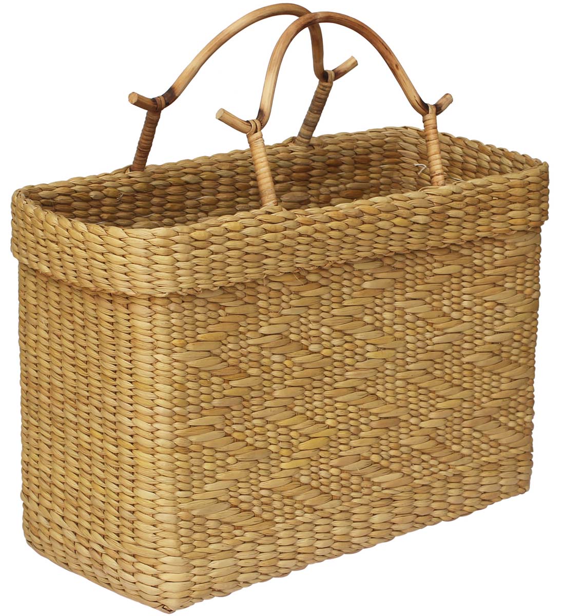 Source 18” Water-Reed Bag in Bulk - Wholesale Hand-Woven Reusable Carry Bags / Shopping Bag with Wooden Handles & Geometric Pattern - Eco-Friendly Handbags from India