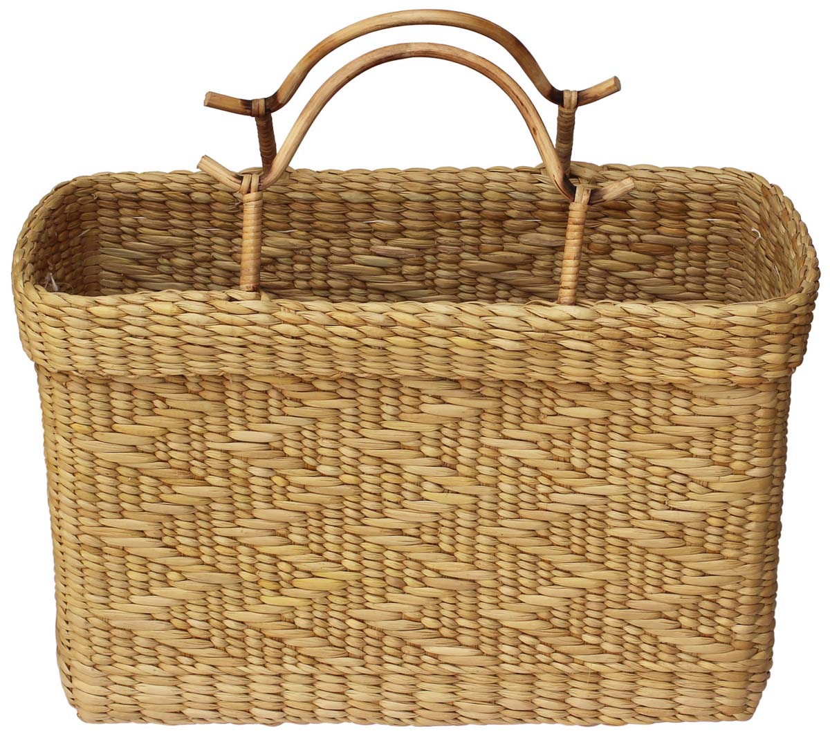 Source 18” Water-Reed Bag in Bulk - Wholesale Hand-Woven Reusable Carry Bags / Shopping Bag with Wooden Handles & Geometric Pattern - Eco-Friendly Handbags from India