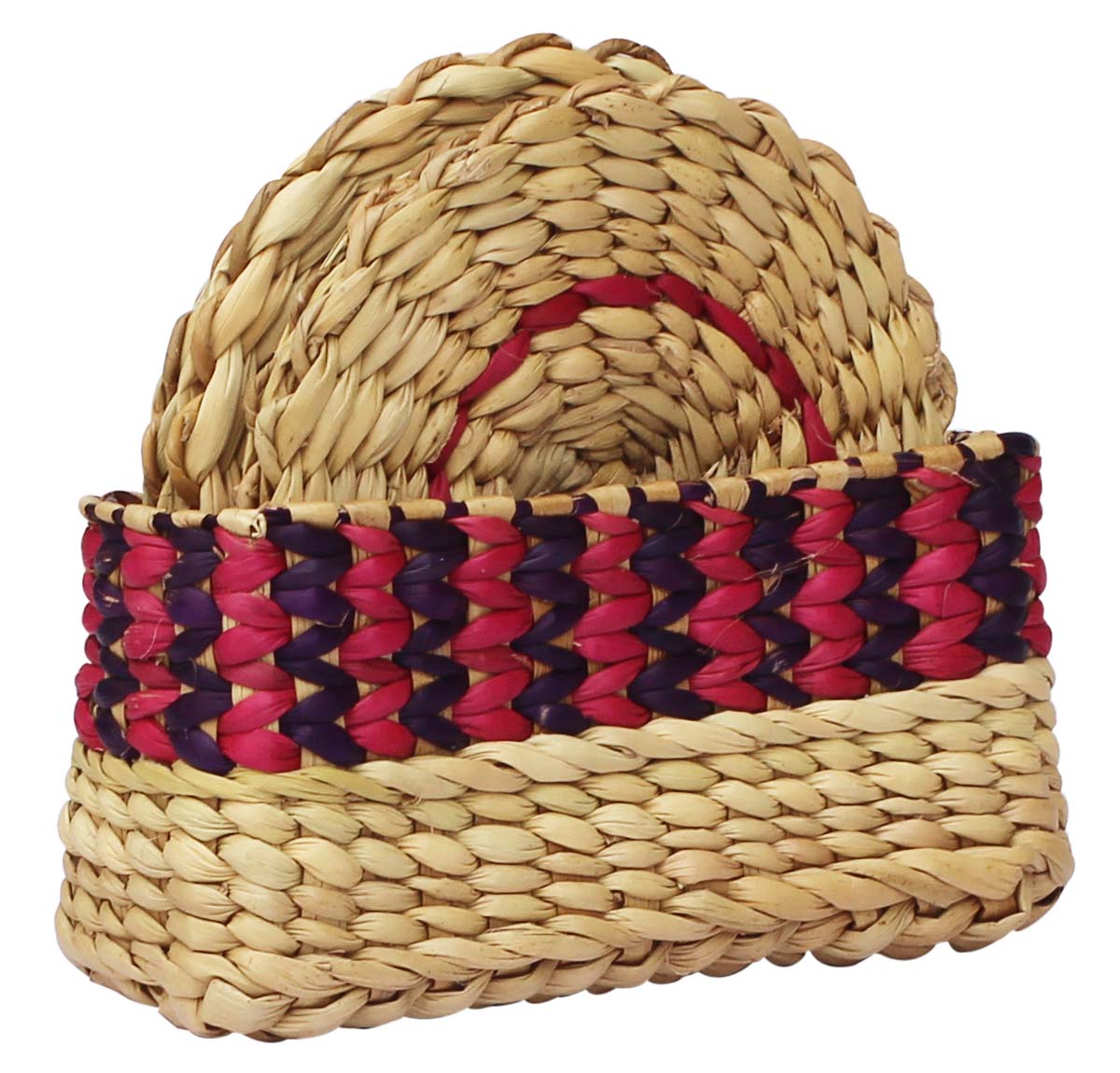Bulk Wholesale Set of 4 Coasters with a Holder in Water Reed - 4.7” Hand-Woven Coasters in Beige, Wine and Magenta Color - Rustic-Look Home Decor from India