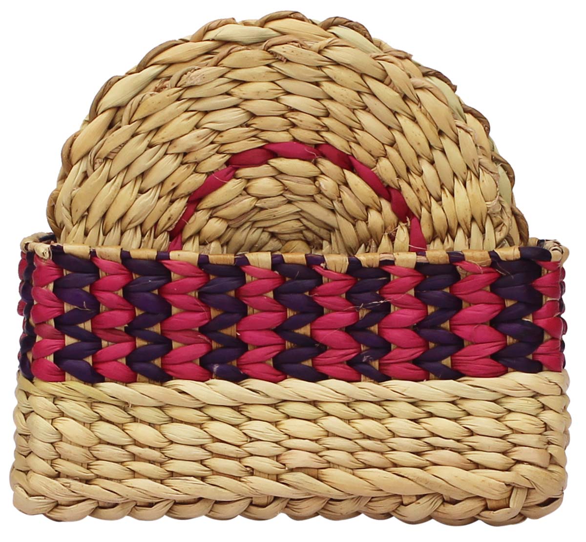 Bulk Wholesale Set of 4 Coasters with a Holder in Water Reed - 4.7” Hand-Woven Coasters in Beige, Wine and Magenta Color - Rustic-Look Home Decor from India