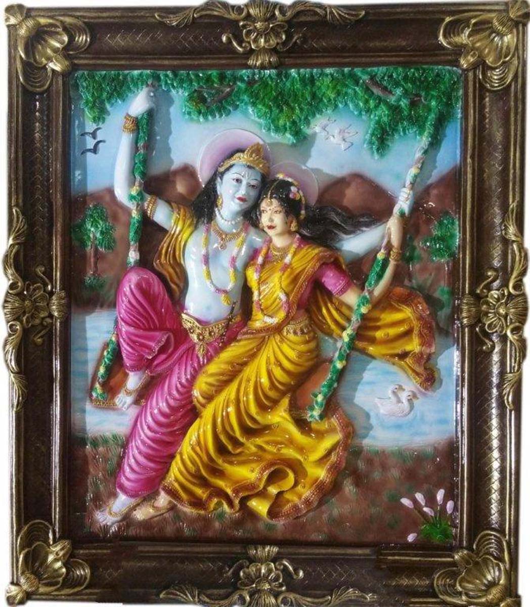 Handmade Colorful Framed Radha-Krishna Painting in Fiber – 47.2” 3D Wall-Art – Auspicious Home Décor / Gifts from India  Buy in Bulk Wholesale
