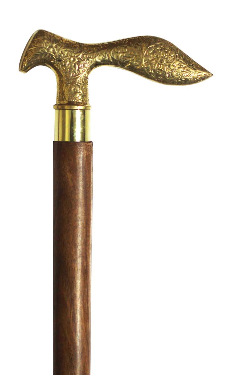 Bulk Buy Brown Walking Stick/Cane - Wholesale Handmade Indian Wood Wooden Derby Walking Cane with Metal Handle - Floral Patterns & Finished in Golden Color - Fashion Accessories from India