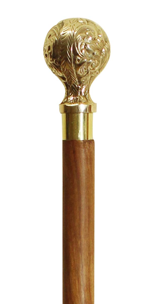 Bulk Buy Brown Walking Stick/Cane - Wholesale Handmade Indian Wood Wooden Derby Walking Cane with Spherical-Shaped Metal Handle - Floral Pattern Finished in Golden Color - Fashion Accessories from India